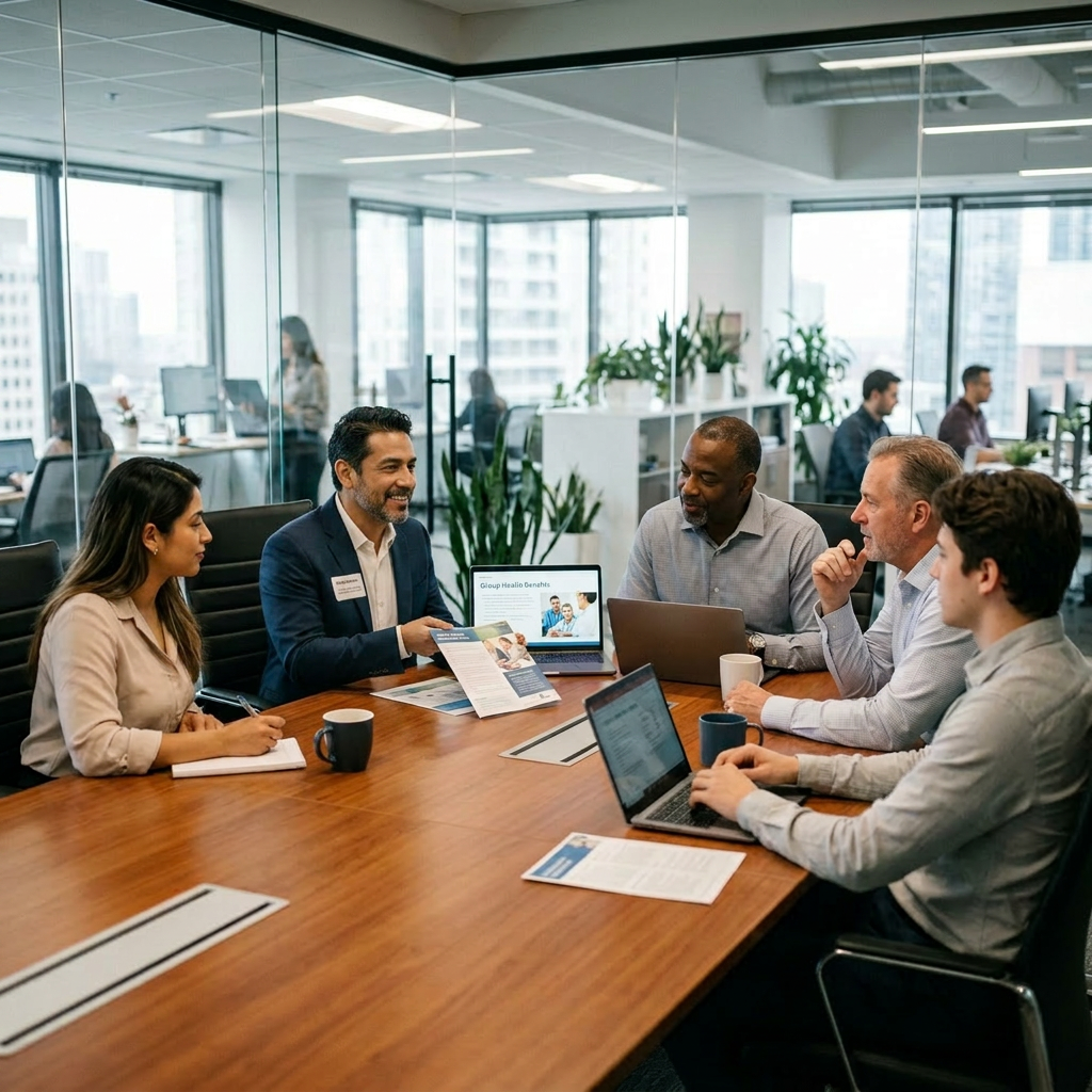Five colleagues in a meeting reviewing documents and laptops around a conference table