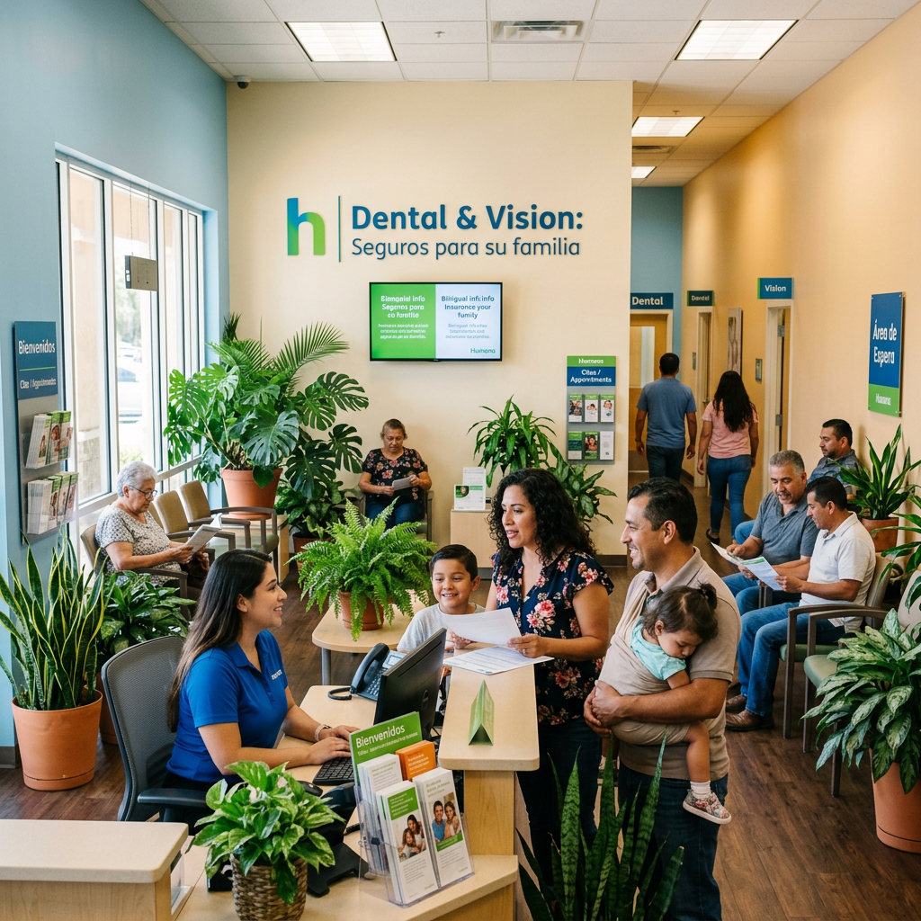 People at dental and vision insurance clinic reception area with multilingual signs in Spanish and English