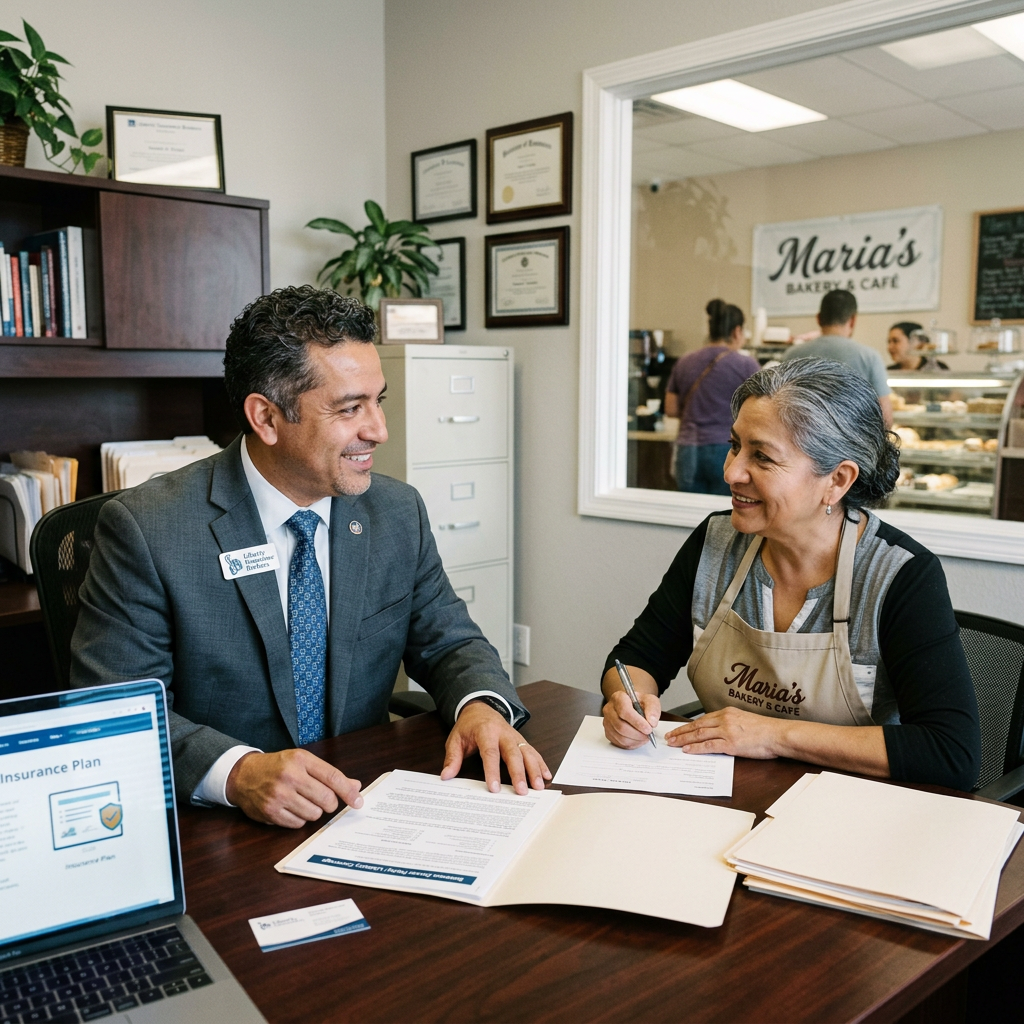 A man in a suit advising a woman in a bakery apron with papers on a desk