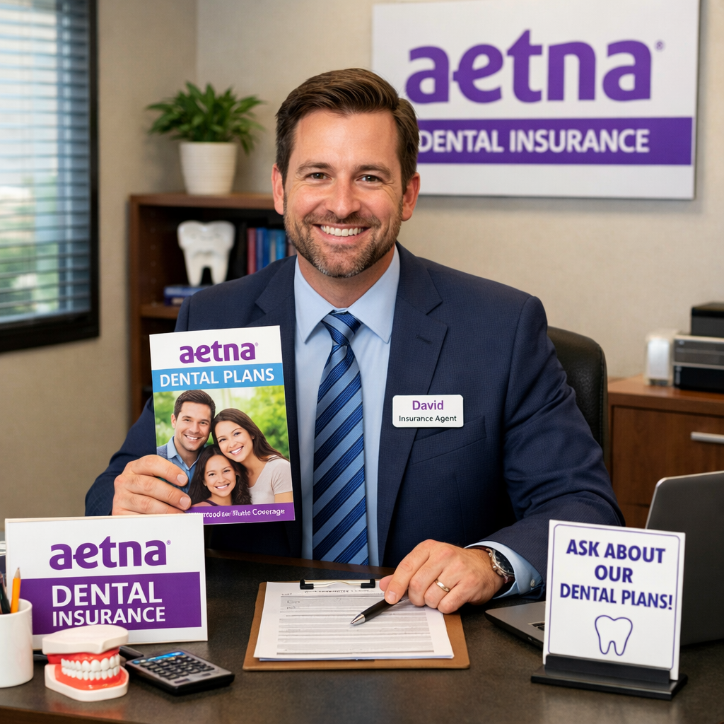 Male insurance agent named David smiling and holding Aetna dental plans brochure in office.