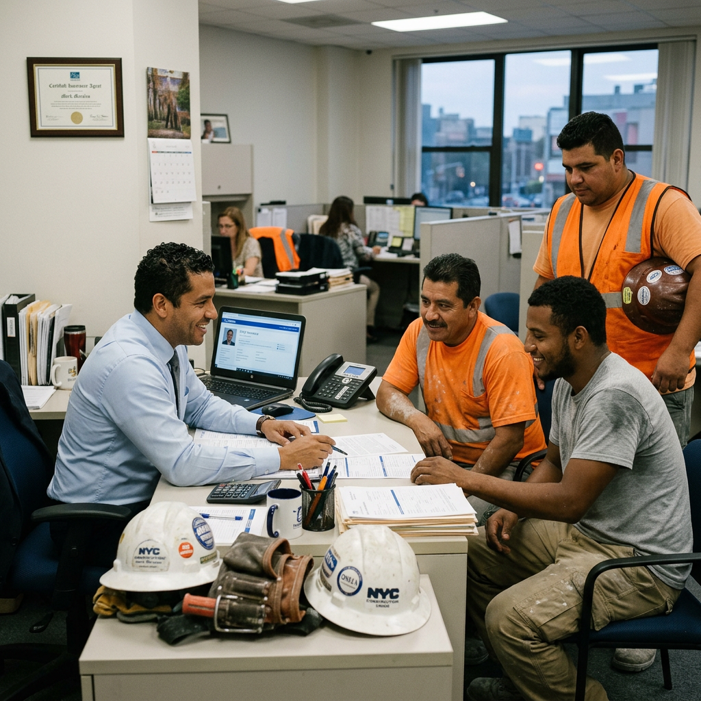 Latino construction workers meeting an insurance agent