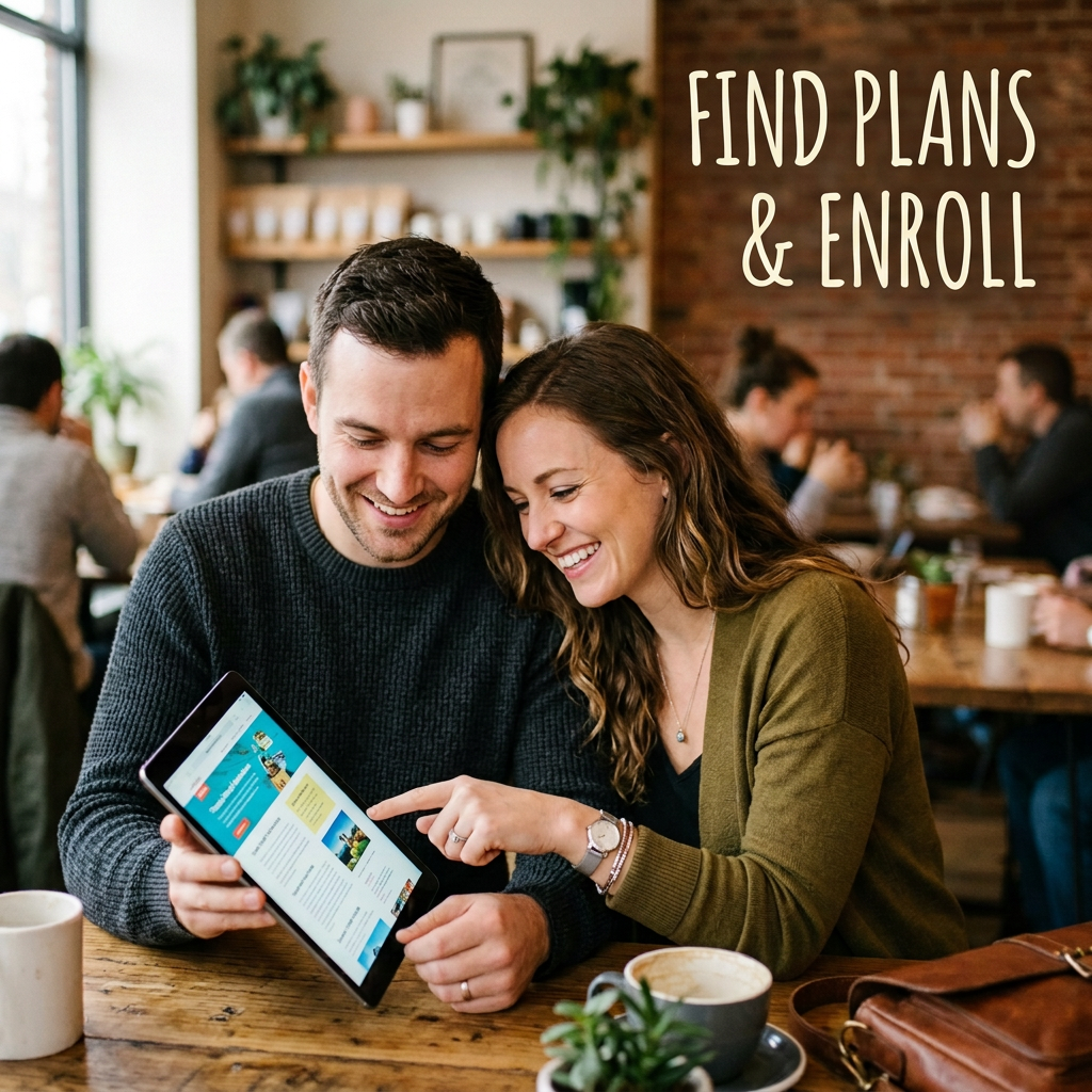 Couple viewing an iPad in a café; text reads “LOOKING AT AN IPAD”