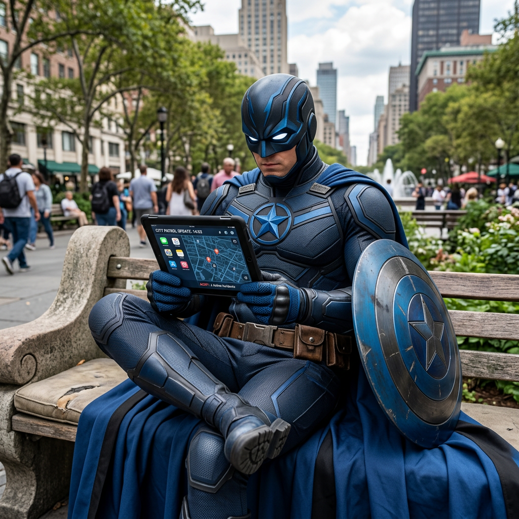 Blue-armored superhero holding a tablet and shield in a city park